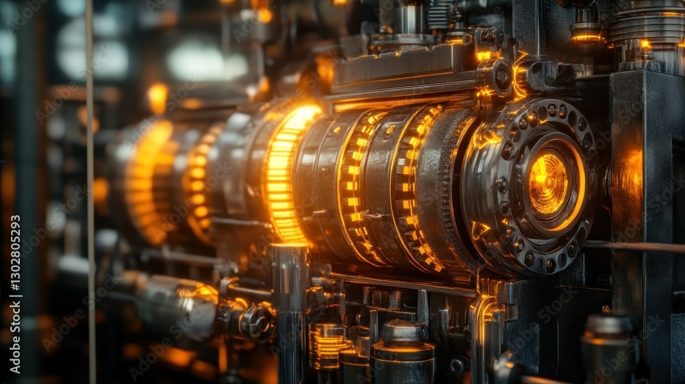 Poster close-up of a futuristic industrial machine with glowing elements in a high-tech environment