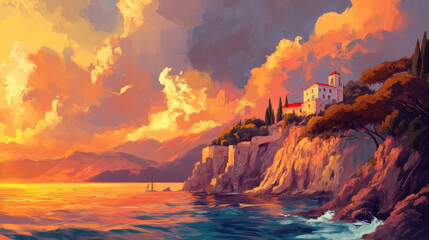 Fototapeta premium Scenic Mediterranean Sunset: Captivating Coastal Nature with Ethereal Light in a Picturesque Summer Seascape