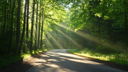 Obraz premium Sunbeams on Forest Road