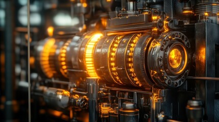 Fototapeta premium Close-up of a futuristic industrial machine with glowing elements in a high-tech environment