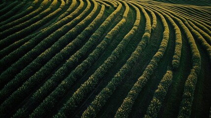 Aerial View of Green Tea Plantation Rows at Golden Hour Sunset