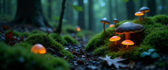 Desktop Wallpaper. Mystical Forest with Glowing Mushrooms and Moss
