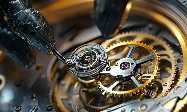 Close-up view of watchmaker hands working on the intricate mechanism of a luxury timepiece.