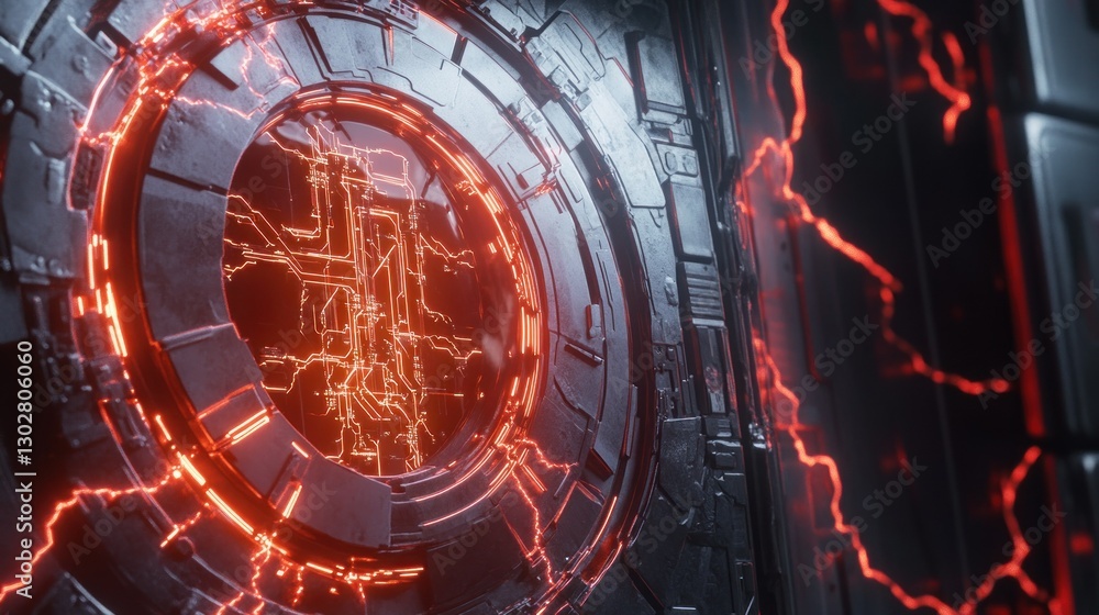 Poster futuristic portal with glowing red energy patterns and intricate metallic textures in a sci-fi setti