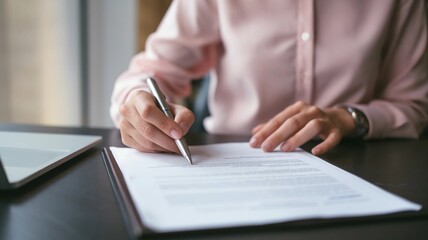 Contract signing: woman finalizes an agreement with a pen at the desk