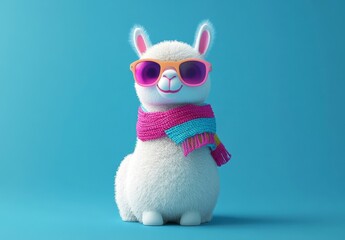 Cute Cartoon Alpaca in Sunglasses and Colorful Scarf on Blue Background