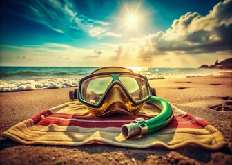 Vintage Beach Vacation: Snorkel Gear on Towel