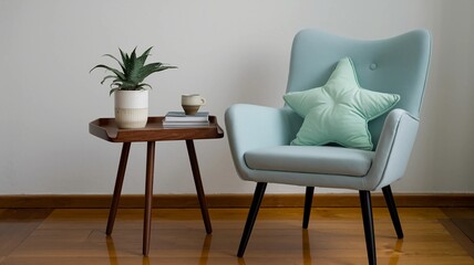 Cozy Interior: Armchair, side table with plant and cup on a wood floor