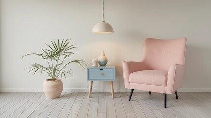 A light living room with a pink armchair, plant and accent table