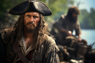 Fototapeta premium Man Pirate. Explore the High Seas, Pirate Flag, and Buccaneer Spirit on a Mysterious Island with Gold, Swords, and Swashbuckling Fun