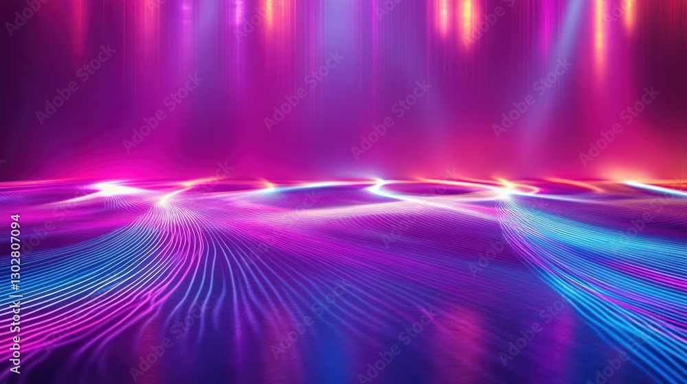Poster Vibrant abstract light display with colorful waves reflecting on a smooth surface, creating a dynamic atmosphere