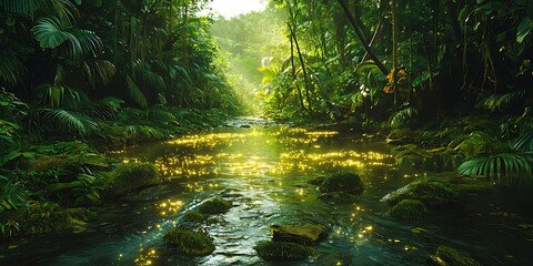 Fototapeta premium Enchanting Jungle Stream, A Verdant Paradise with Golden Reflections