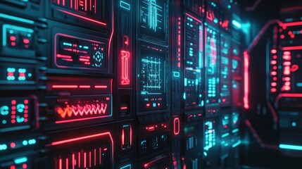 Naklejka premium Futuristic control room with glowing panels and screens, showcasing advanced technology in action