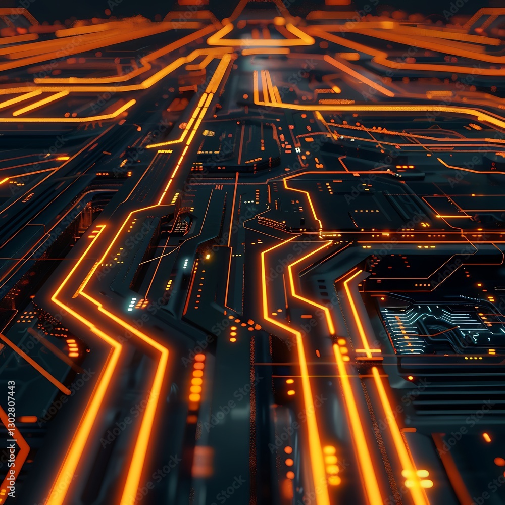 Poster detailed circuit board with glowing orange lines in perspective. futuristic tech background highligh