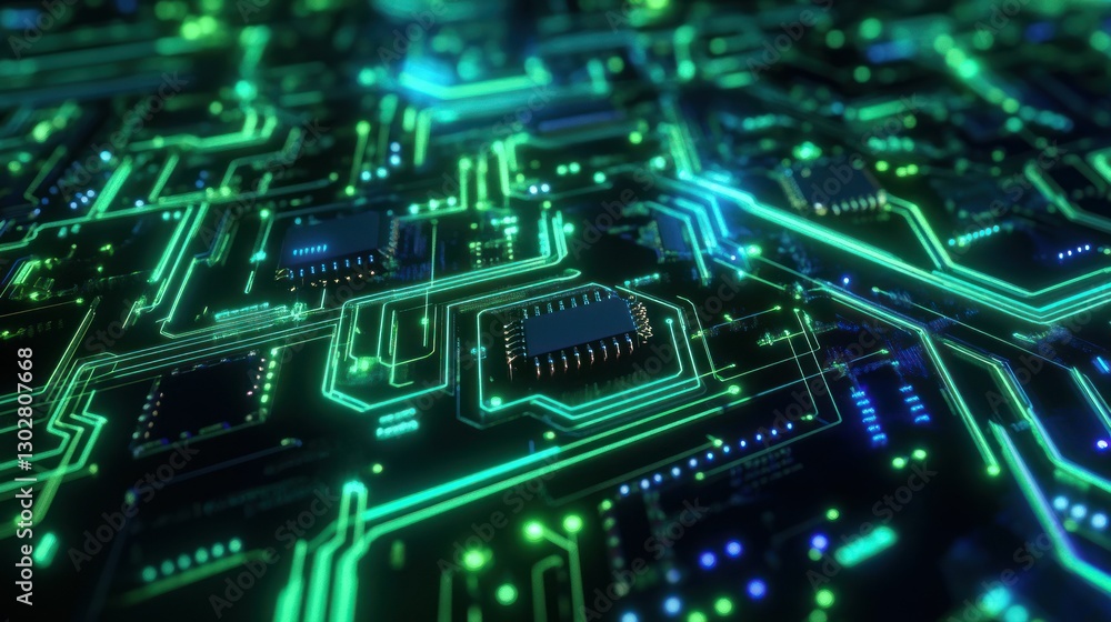 Poster close-up view of a vibrant circuit board with glowing components and intricate pathways