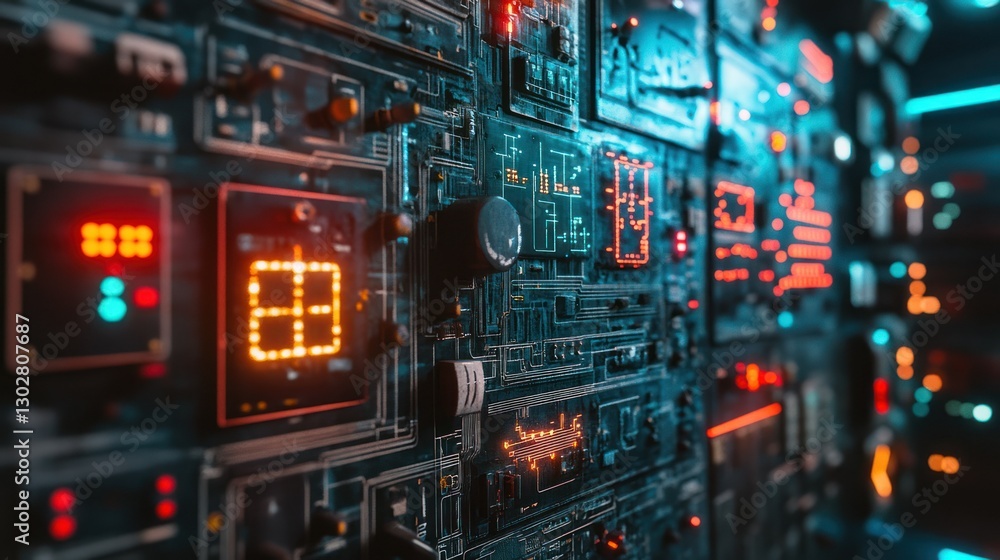 Poster close-up view of a futuristic circuit board with glowing lights and intricate patterns in a tech env