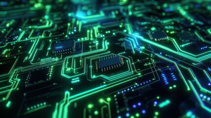 Fototapeta premium Close-up view of a vibrant circuit board with glowing components and intricate pathways