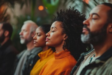Fototapeta premium Diverse group of people meditating peacefully. Ideal for concepts of mindfulness, well-being, and community.