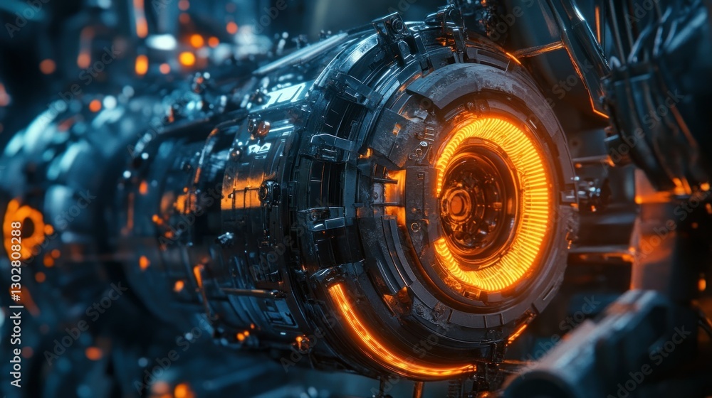 Poster close-up of a futuristic machine component with glowing orange accents in a high-tech environment