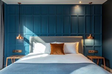 Sunlit bedroom with teal paneled wall, king bed, and copper pendant lights.