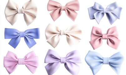 Nine pastel fabric bows isolated on white.