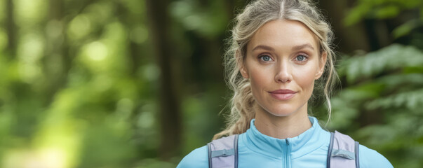 Naklejka premium Outdoor adventure in a lush green forest with a young woman ready for exploration