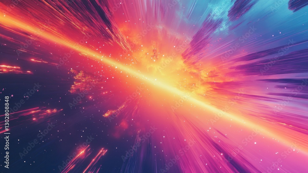 Poster vibrant cosmic explosion with radiant colors and dynamic light streaks in a deep space setting