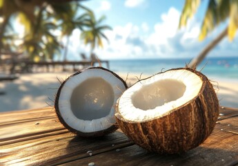 Fresh Coconut Halves on Wooden Table by Tropical Beach with Palm Trees