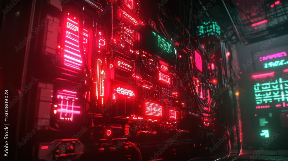 Poster futuristic neon-lit circuit board with glowing components in a high-tech environment