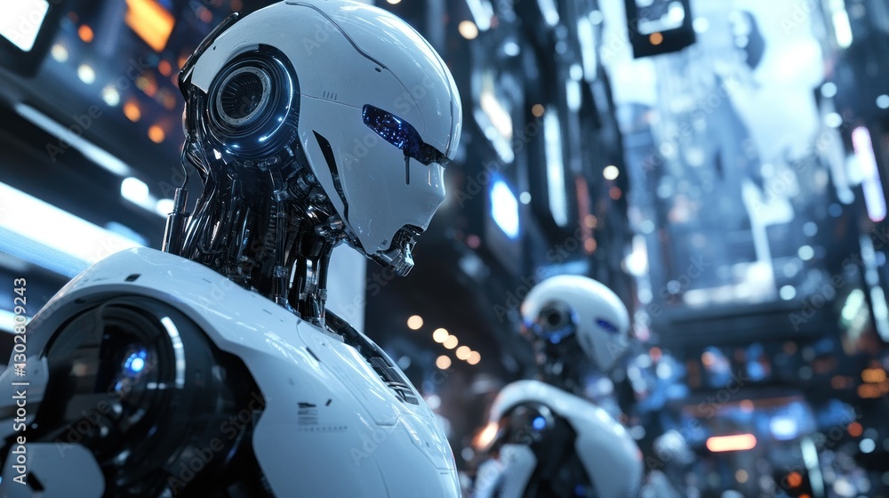 Poster futuristic robots standing in a high-tech cityscape with glowing lights and digital displays