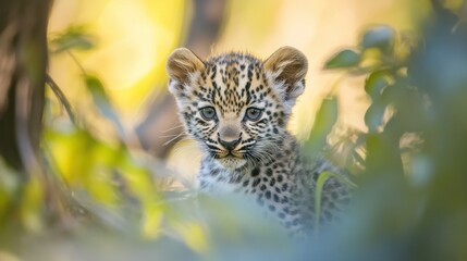 Obraz premium Cute Leopard Cub Hiding Among Greenery in Natural Habitat