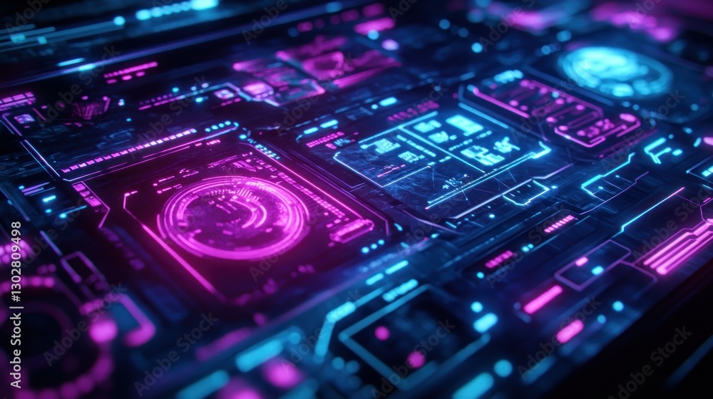 Poster futuristic digital interface with vibrant neon colors displaying data and technology elements
