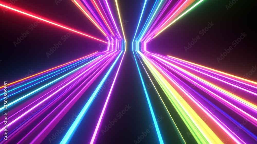 Poster vivid neon light tunnel creating a futuristic atmosphere with colorful beams in motion