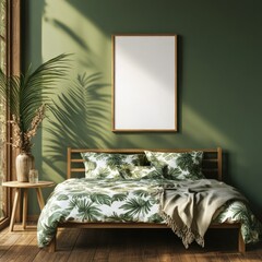 Sunlit bedroom with tropical bedding, wooden furniture, and blank canvas.