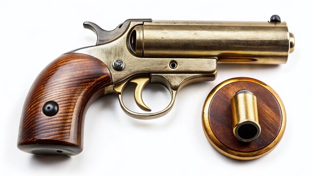 Vintage Handmade Derringer Pistol with Bullet - Isolated on White Background