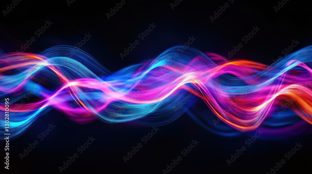 Poster colorful abstract light waves flowing smoothly against a dark background, creating a dynamic visual 