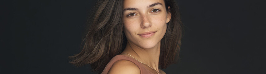 Obraz premium Woman with flowing hair smiles softly against a dark background in a serene indoor setting