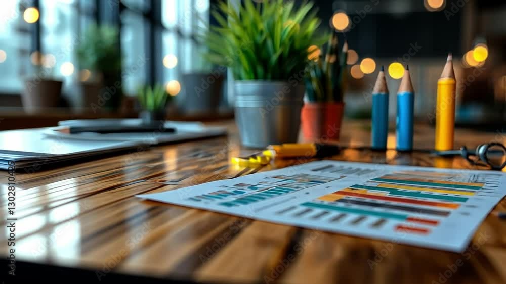 Poster analyzing the data: a dynamic view of an office desk, a focal point for productivity, adorned with c