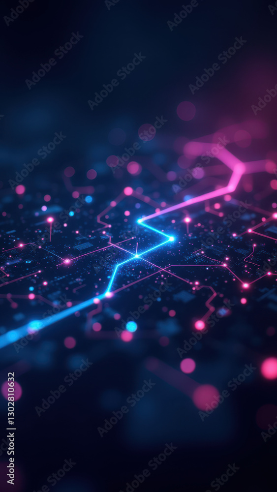 Poster futuristic network of interconnected nodes with bright neon lights, representing advanced technology