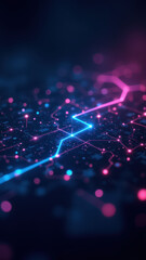 Futuristic network of interconnected nodes with bright neon lights, representing advanced technology or cyber-infrastructure.