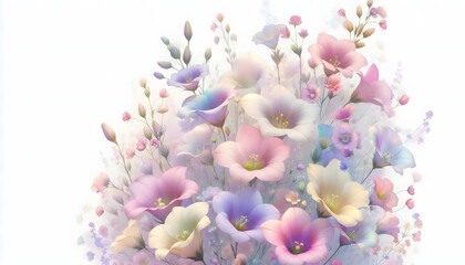 Obraz premium A hologram of soft pink, lavender and light yellow flowers in full bloom, the flowers blending together and swaying naturally