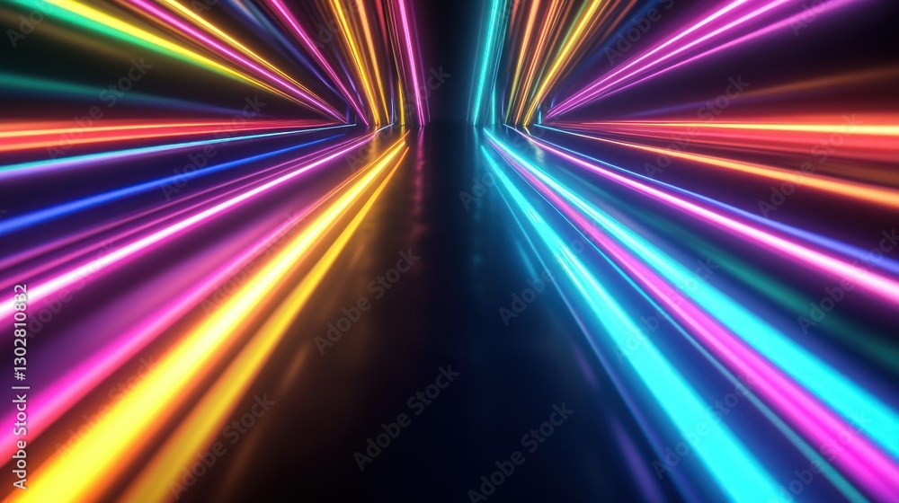Poster vibrant neon light tunnel creating a dynamic visual experience with reflections on the floor