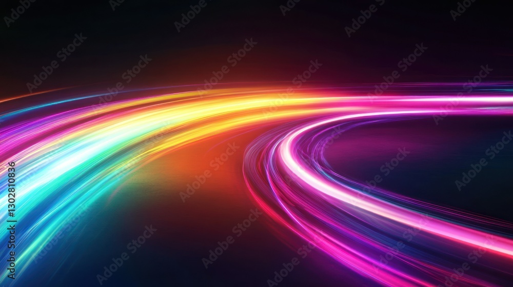 Poster vibrant abstract light trails curving through a dark background, creating a dynamic visual effect