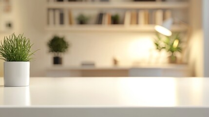 Sleek white rectangular wooden table with soft lighting and blurred modern home office background featuring desk lamp and bookshelves
