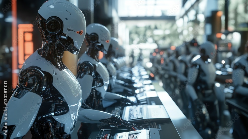 Poster futuristic robots working at sleek consoles in a high-tech environment with blurred activity behind