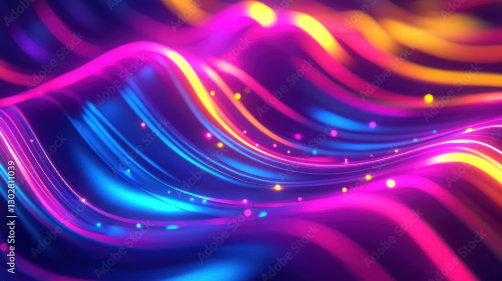 Poster colorful abstract waves of light flowing in vibrant patterns with glowing particles in motion