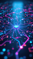 Obraz premium An artistic representation of a cloud-based infrastructure system with bright colors and intricate lines, symbolizing complex connectivity and data processing.