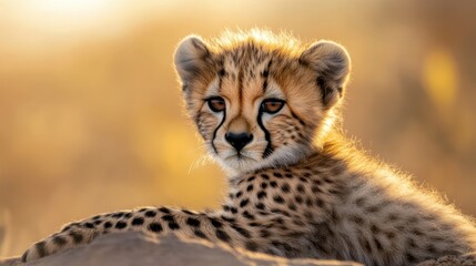Playful Cheetah Cub Relaxing in Golden Sunlight at Dusk