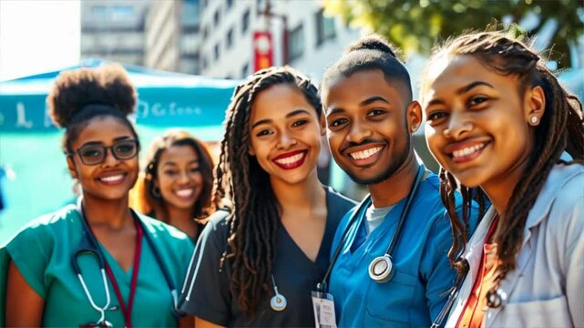 Medical proffessionals in the street smiling at the camera in the city during the day. Volunteering and public health imagery. 