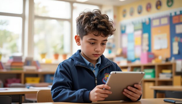 Young student engrossed in digital learning in a classroom setting. - Powered by Adobe